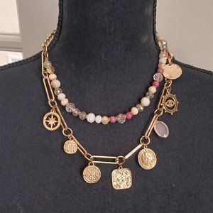 Excellent Condition Double Strand Costume Necklace. Gold Tone and Bead Stones